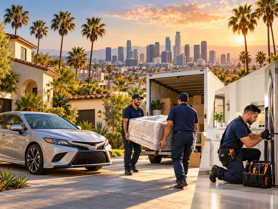 A car outside a home, movers and an appliance technician, with the Los Angeles skyline and palm trees